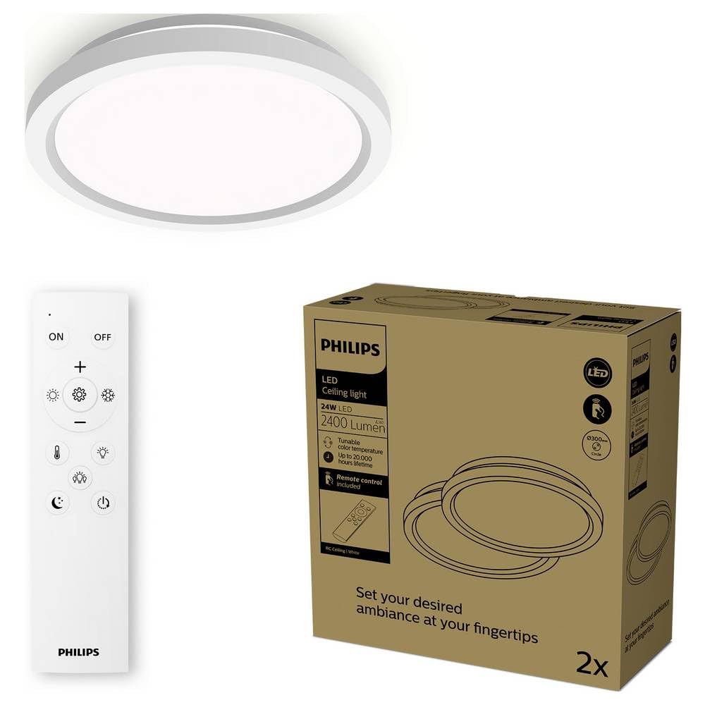 PHILIPS LED Plafoniera con telecomando, Rotonda, 30 cm, luce bianca dimmerabile, senza sfarfallio o abbagliamento, design moderno, Bianca, confezione da 2