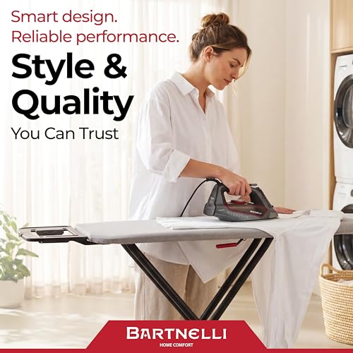 Image of Bartnelli Extreme Stability Ironing Board 43x13 Upgraded Heavy-Duty Metal Frame & Iron Rest, Height Adjustable, Foldable, 4 Non-Skid Feet, 100% Cotton Cover, Made with Patent European Engineering