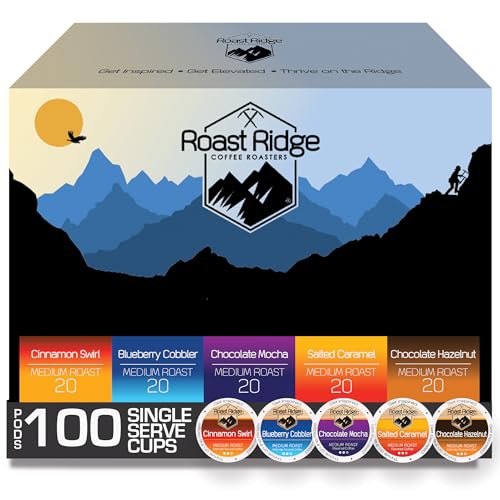 Image of Roast Ridge K-Cup Coffee Pods, Medium Roast, Variety Pack, 100 Count | 20 Each Blueberry Cobbler, Chocolate Hazelnut, Salted Caramel, Cinnamon Swirl, Chocolate Mocha, For Keurig K Cup Brewers