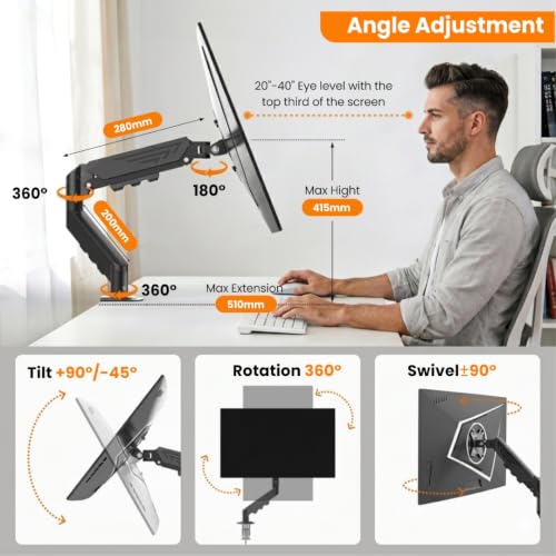 Image of Dyazo Monitor Arm Desk Mount for 13-32 inch Screens | Gas Spring Height Adjustable Monitor Stand | VESA 75x75 & 100x100mm | Motion Tilt, Swivel & 360 Rotation | C-Clamp & Grommet Base Supports Upto 10kg