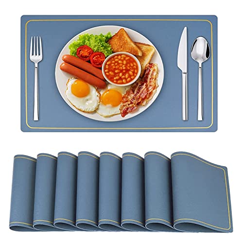 Crownish PU Leather Placemats, Set of 6, Sky Blue, 19x14 cm, Waterproof, Wipeable, Washable, Elegant Rectangle Table Mats for Dining Table, Home Kitchen, Office