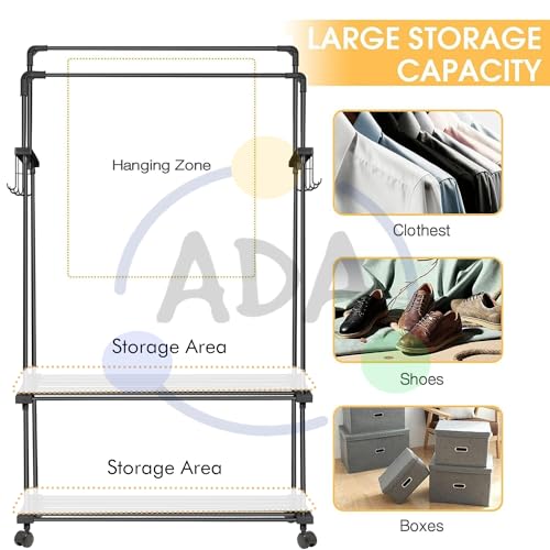 Image of ADA Premium Heavy Duty Metal Garment Rack on Wheels, Dual Layer Clothes Hanging Rail with 10 Side Hooks, 2 Lower Storage Shelves, Clothing Organizer Stand for Bedroom, Laundry Room & Home - Black
