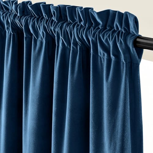 Image of Extra Long Dark Blue Velvet Curtains Rod Pocket 52x108 Inch 2 Panels | Soft Velvet, For Tall Windows & High Ceilings, Light Shifting Texture, Elegant Drape, Classic, Luxury