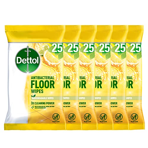Dettol Antibacterial Citrus Floor Wipes, 150 Biodegradable Disinfectant Sheets (6X25) For Laminate, Wood, Total Clean Freshness