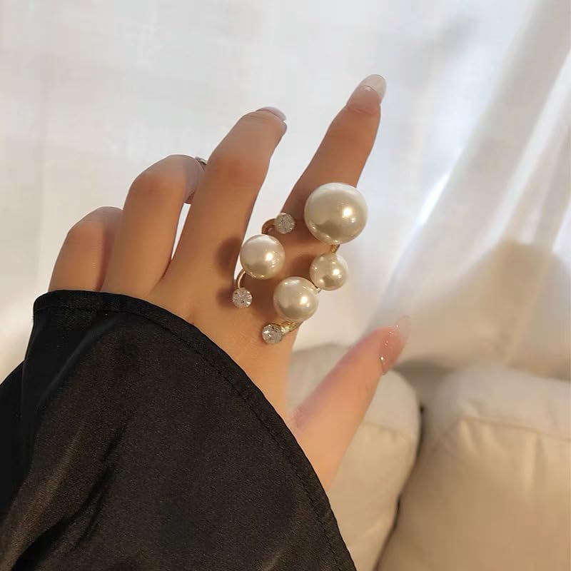 Pearl Finger Ring Vintage Boho Layered CZ Pearl Statement Ring for Women Tiny Bar Pearl Open Cubic Zirconia Statement Pearls Finger Rings Birthday Wedding Jewelry Gift - Image 3