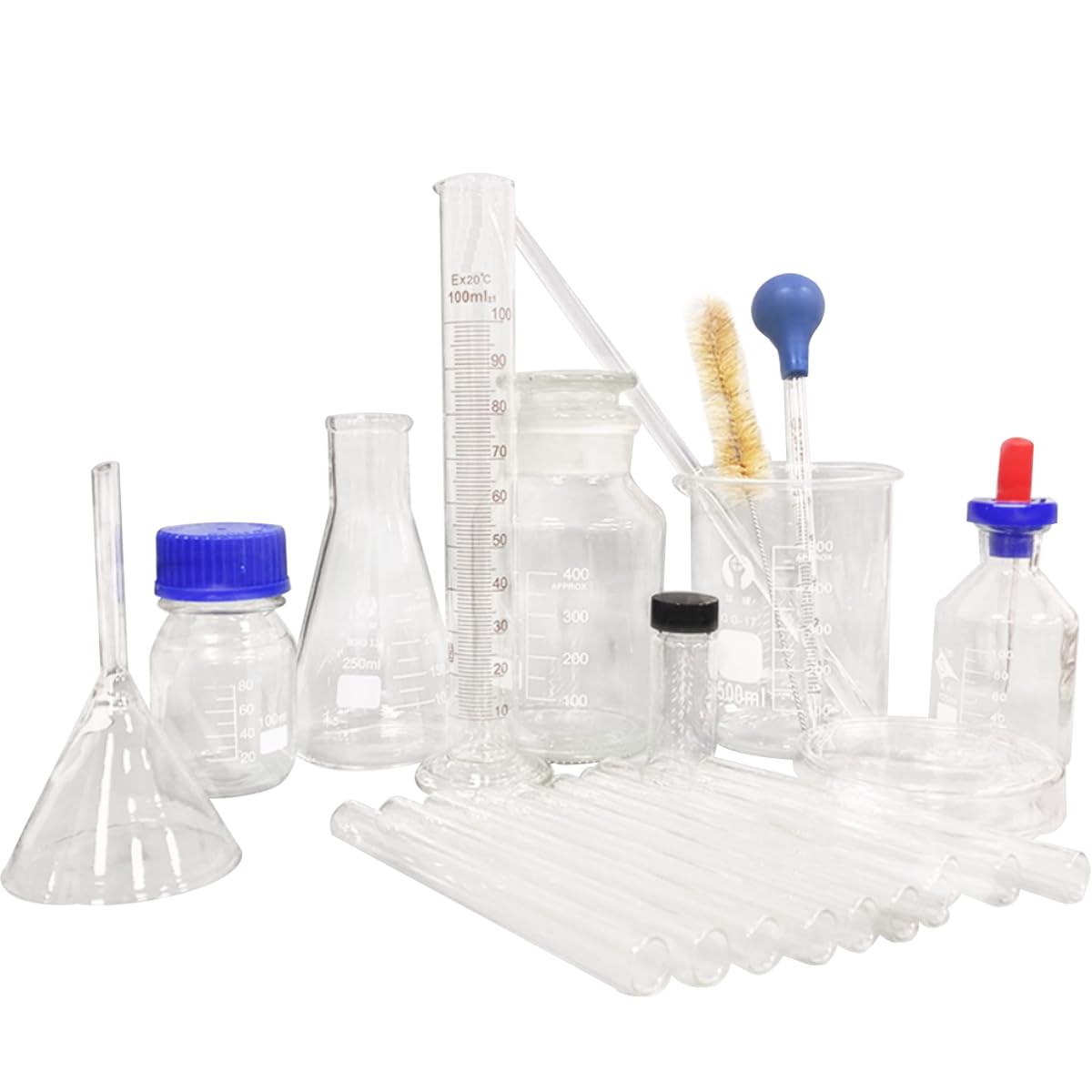 El conjunto de cristalería de laboratorio incluye botellas cónicas, vasos de vidrio, cilindros de medición graduados, botellas de reactivos, tubos de vidrio, gotas, pipetas graduadas, placas de petri,
