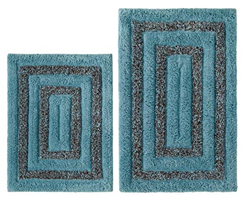 COTTON CRAFT Bath Rug Set, Tweed Race Track Pattern, Cotton, Spa Blue Chocolate (2 Piece)