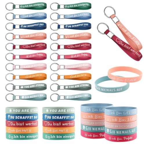 40 Stück Motivationsarmbänder Deutsch Set, 20 Silikon Armbänder 20.2 cm | mit 20 Inspirierende Schlüsselanhänger Dankeschön Geschenk Abschiedsgeschenk Mitgebsel für Schüler Kollegen Lehrer