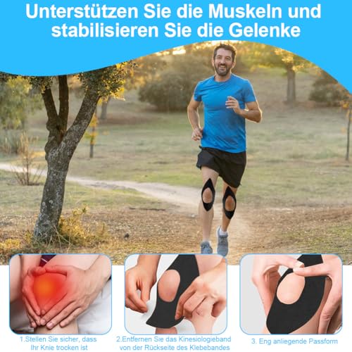 RANJIMA 12 Stück Kinesiologieband für Knie, Precut Kinesiotapes Vorgeschnittenes Kinesiologie Tape für Knieschmerzlinderung & Unterstützung, Wasserfestes & Elastisches Physio Tape für Knieschmerzen