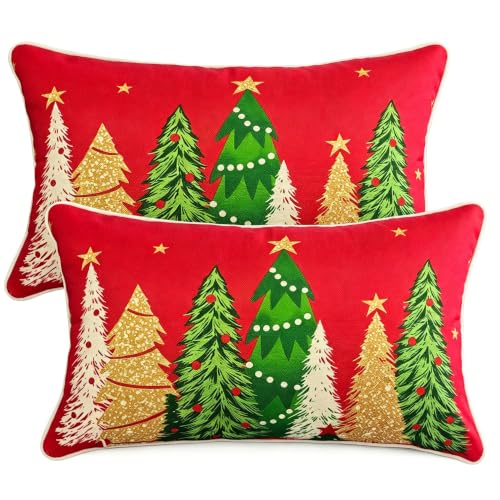 JMGBird Outdoor Pillow Covers Set of 2-12x20 Inch Water-Repellent Lumbar Pillow Covers, Christmas Tree Pattern for Patio Furniture, Couch, Bed, Sofa, Bedroom Decor