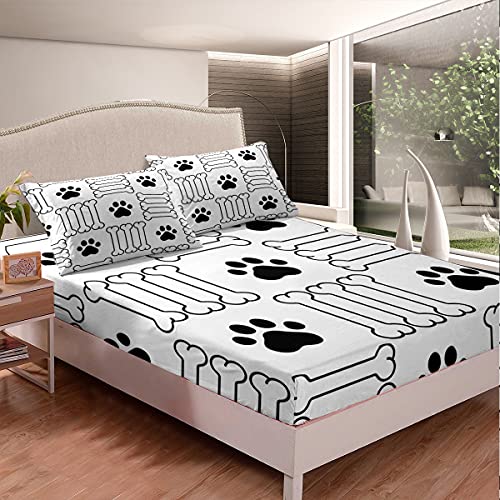 Castle Fairy Black And White Bed Sheet Set Twin Size,Dog Paw Print Lovely Sheet Set Kids Teens,Cartoon Bones Dog Food Bedding Decor Set With 1 Flat & 1 Fitted Sheet With 1 Pillow Sham #TOP1