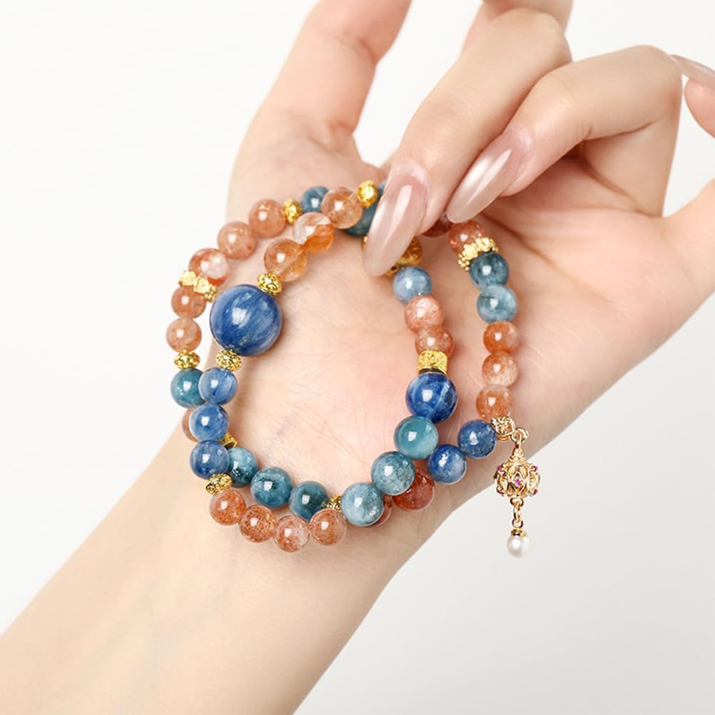 Bracelet en Cyanite Naturelle, Pierre de Soleil et Agate Rouge – Bijoux en Perles de Cristal Bleu, Or et Rouge pour la Communication, la Joie et la vitalité, Cadeau élastique