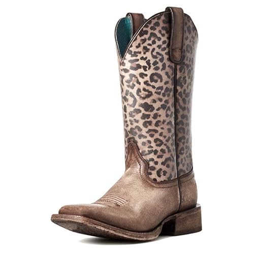 FOFOQUEI Women's Western Cowboy Metal Boots Mid Calf Square Toe and Cone Heel Cowgirl Boots with Leopard Size 8