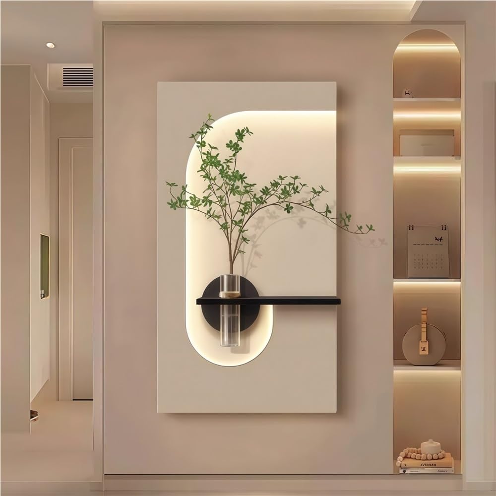 TJTKWIR Wall Painting Decoration for Entry, Luminous 3D Wall Sculpture Painting Decor with Fake Plants and Glass Vase, Sandstone Wall Mural for Living Room Bedroom(Black,Large)