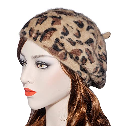 Zlyc Womens Rabbit Fur French Beret Hat Leopard Print Brown #TOP2