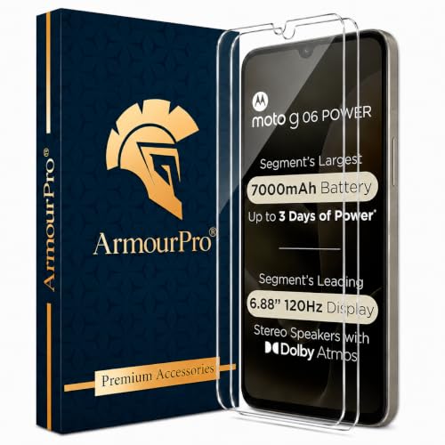 Image of ArmourPro 3D Borderless Tempered Glass for Motorola G06 Power and Moto G06, Set of 2 HD Clear Screen Protectors with 3D Curved Edges, 9H Hardness, Oleophobic Coating, Case Friendly