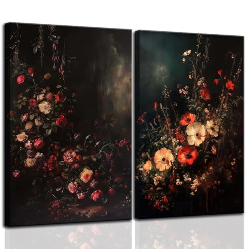 2Pcs Framed Canvas Prints Art Vintage Moody Floral, Classical Fall