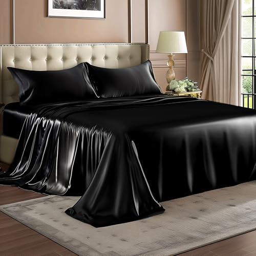 BEDELITE Satin Sheets Queen Size Bed Set, Luxury Soft Black Silky Sheets for Hair and Skin, Similar to Silk Bed Sheets Set 4 Pieces with 1 Deep Pocket Fitted Sheet, 1 Flat Sheet, and 2 Pillowcases - Image 3