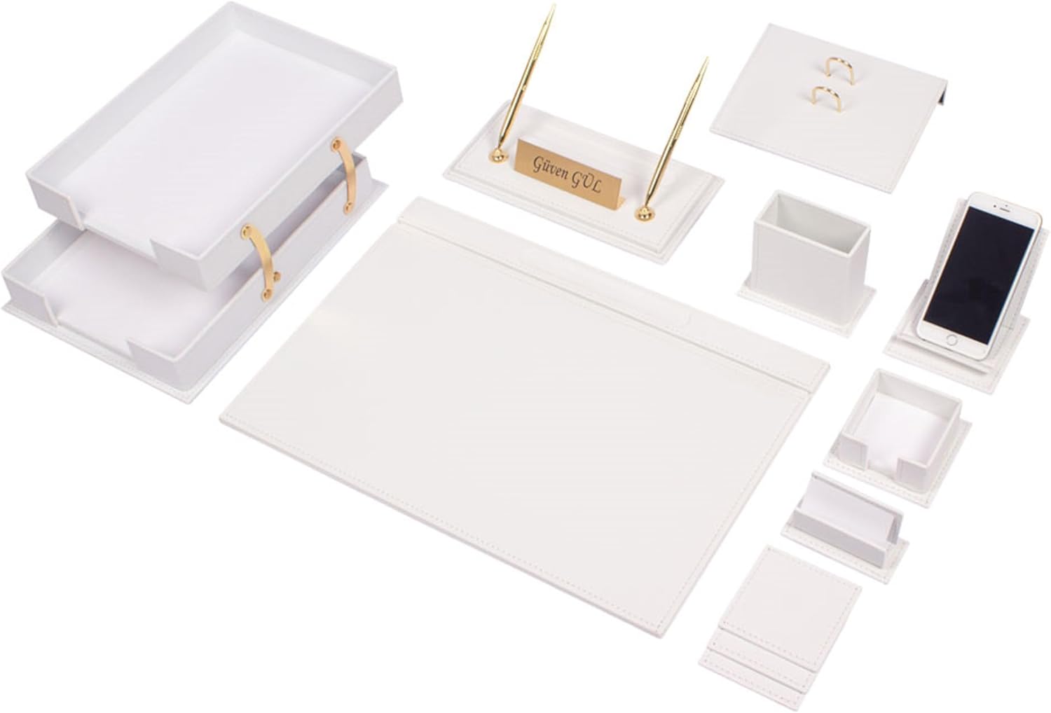 MOOGCO Leather Desk Set - Office Accessories - 13 Pieces - White
