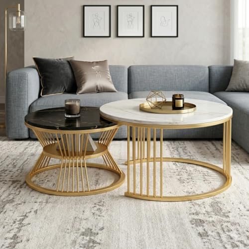Image of Coffee Table, 20 inch Round Coffee Table Set of 2, Wooden Nesting Table with Metal Frame, Center Tables for Living Room Bedroom Balcony Bedside Table White