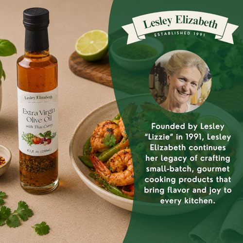 Image of Lesley Elizabeth Extra Virgin Olive Oil with Thai Curry, 8.5 fl oz - Flavorful Curry-Infused EVOO for Stir-Fries, Noodle Bowls, Seafood, Roasting, Marinades & Everyday Cooking - All-Natural, Plant-Based Ingredients