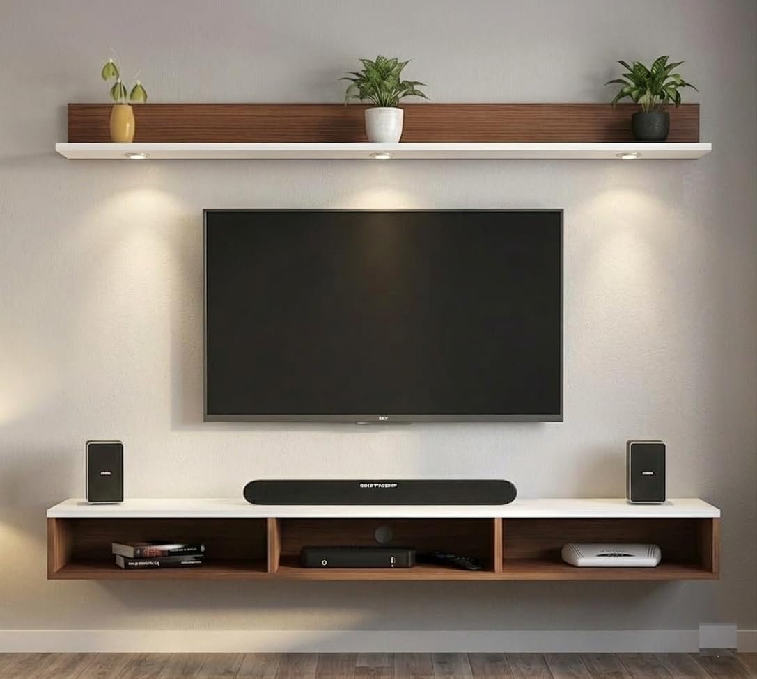 DAS Russell Wall Mounted TV Unit with LED Lights & Storage Shelf | Modern Floating Entertainment Unit for Living Room | Wooden Finish Media Console for Set Top Box, Walnut & White up to 55 inch Screen-image-32