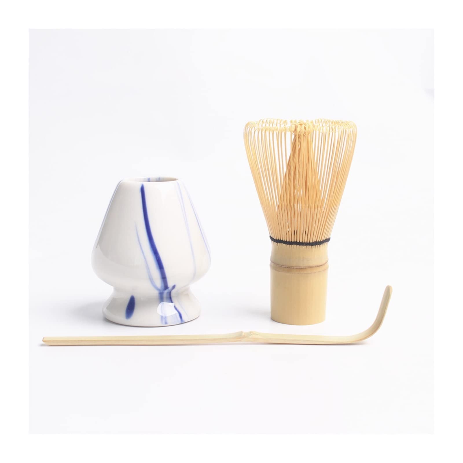 YLWX Tea Whisk Stand Bamboo Stand Tea Pull Set Japanese Three-Piece Matcha Whisk Holder Green Tea Spoon (Color : Blue and White)