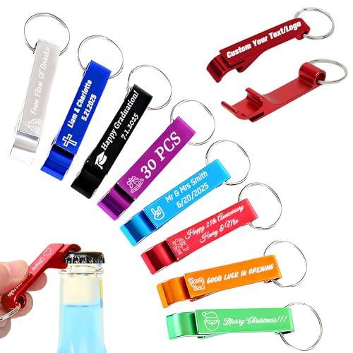 10-100 PCS Personalised Bottle Opener Keyring Bulk Engraved Logo Name Text Date Custom Beer Caps Cans Soda Multi-Function Openers Keychain for Party Gatherings Wedding Favours Corporate Events (30)