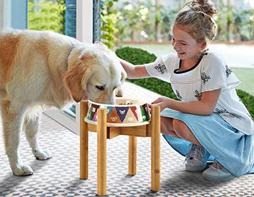 Dog Bowl Stand - Large Dogs Food Or Water Feeder Holder - Adjustable Widthand 8"-11" Wide, (Height 14" Tall) - Natural Bamboo Wood #TOP7