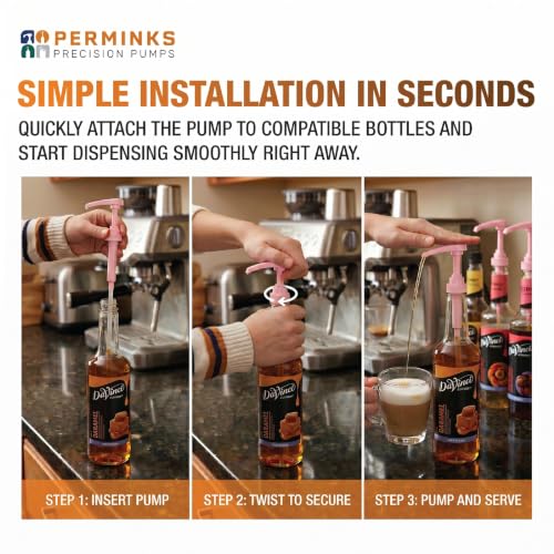 Image of Syrup Pump, Compatible with 750ml Torani, Davinci & Skinny, 6-Pack, Pink | Leak-free, 1 /4oz precision pump with locking nozzle. Great for coffee bar accessories, dirty soda stations & dessert sauces