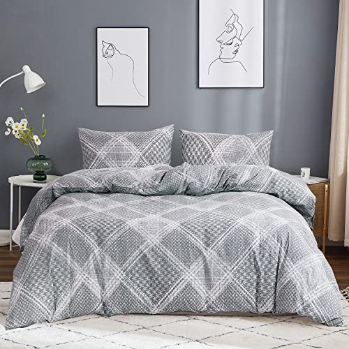 Ivellow Plaid Duvet Cover 100% Cotton Gray Grid Duvet Cover Queen Size 3 Pcs Patterned Geometric Duvet Cover Set Modern Scottish Houndstooth Bedding Set Soft Breathable Comforter Cover Zipper Closure #TOP6