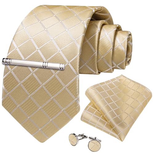 Image of DiBanGu Mens Silk Plaid Tie and Pocket Square Set | Elegant Silk Formal Tie Set, Woven Check Necktie and Cufflinks Tie Clip Set, Perfect for Wedding Party, Comes in Gift Box