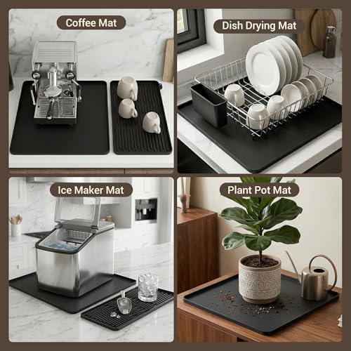 Image of Silicone Coffee Mat for Countertop, 16x16 inch Heat Resistant Espresso Machine Mat, Non-Slip Coffee Bar Mat with Detachable Drying Area and Raised Edge, Waterproof Station Pad - Black