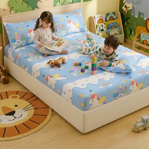 Image of Filymore Unicorn Double Bedsheet for Kids Bed, Queen Size 90x90 Inches, Soft Microfiber Cartoon Bedsheet for Girls & Boys, 240 TC Kids Bed Sheet with Cute Unicorn Print for Bedroom Decor, Blue