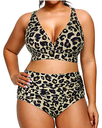 Yonique Womens Plus Size Bikini High Waisted Swimsuits Two Piece Bathing Suits Tummy Control Swimwear Leopard 12Plus #TOP4