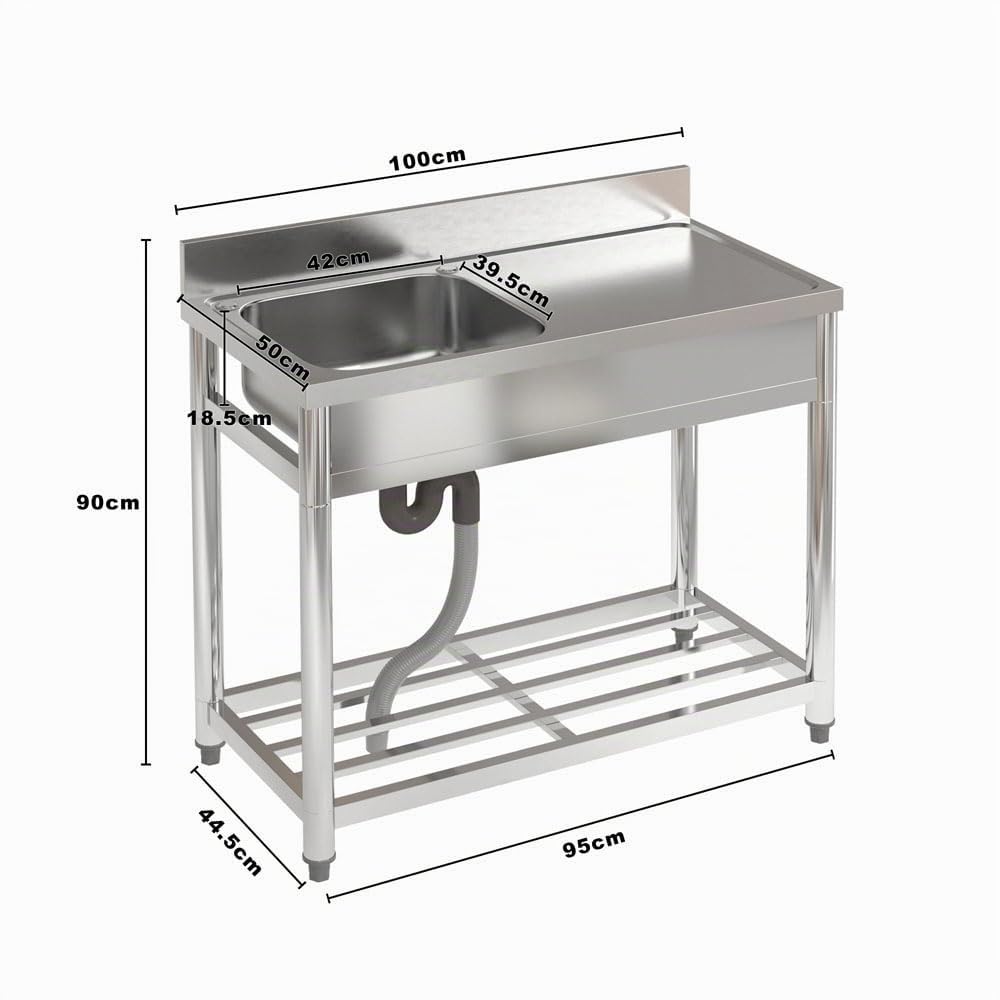 Freistehende Spüle Edelstahl Spültisch mit Ausgussbecken & Arbeitsplatten robuster Spültisch mit abgerundeten Ecken ohne Wasserhahn 100 x 50 x 90 cm für Küche, Restaurant & Cafe