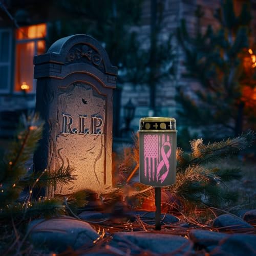 Image of Poceacles Solar Outdoor Lights Solar Grave Lights Cemetery Candles Decorative LED Automatic Flameless Candle, Pink Ribbon American Flag, Pack of 6