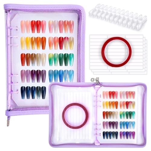 Segbeauty Nail Swatches Polish Display with Zipper, Nail Color Display Book Sample, Nails Polish Organizer A5 Binder with 240 False Tips, Gel Fake Press On Nails Art Salon Supplies Holder Purple