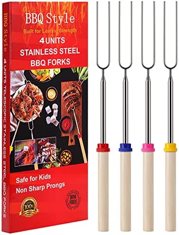 Marshmallow Toasting Forks, Telescoping Smores Sticks for Fire Pit, Marshmallow Roasting Sticks Barbecue Forks for Hotdog Hot Dog Bonfire BBQ Smores Skewers for Open Fire Pits Campfire Camping, 4 PCS