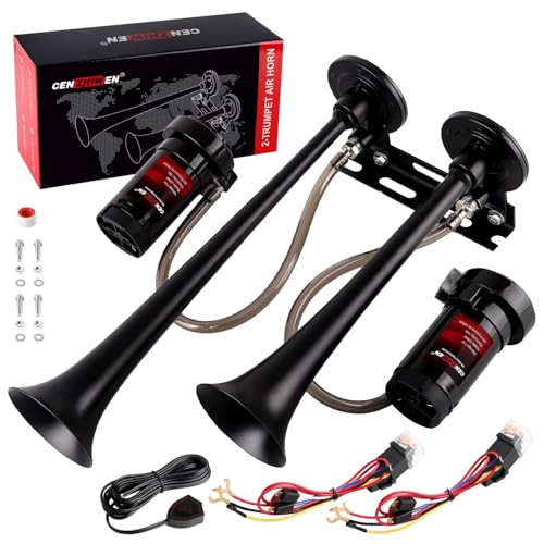 Cenzhiwen Dual 2-Trumpet Metal Air Horn for truck Kit with 2 air Compressors,12V 150dB Ultra Loud impact train car horn is suitable for pickup/SUV/moto and other vehicles (Black with Button)