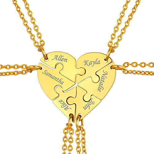 FindChic Personalized Matching BFF Necklace for 2/3/4/5/6 Puzzle Name Heart Pendant Stainless Steel Couple Necklace Set Customized Necklaces for Teen Girls e. set of 6 & gold plated