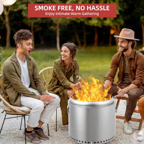 16.5" Smokeless Fire Pit, Portable Backyard Fire Pit with Handle, Wood Burning Stainless Steel Fire Pit with Poker and Removable Stand for Camping, Garden, Patio