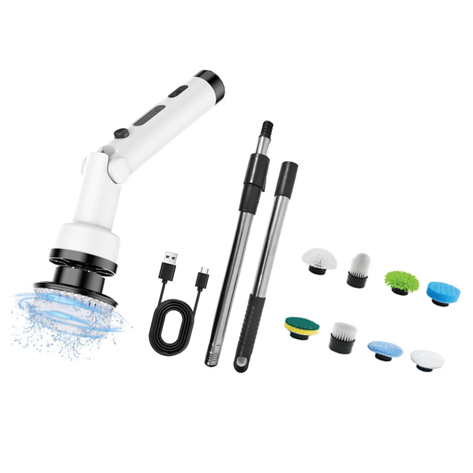 Jazuaiao White Cordless Electric Cleaning Brush Featuring Adjustable Handle And 9 Brush Head For Various Surfaces Cleaning Adjustable Handle