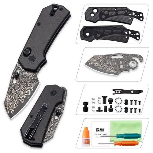 Image of JIN Rhino Small Pocket Knife for Men, Button Lock EDC, DIY Folding Knife Kit, 2 inch Damascus Stonewash Blade, Carbon Fiber Overlay Handle