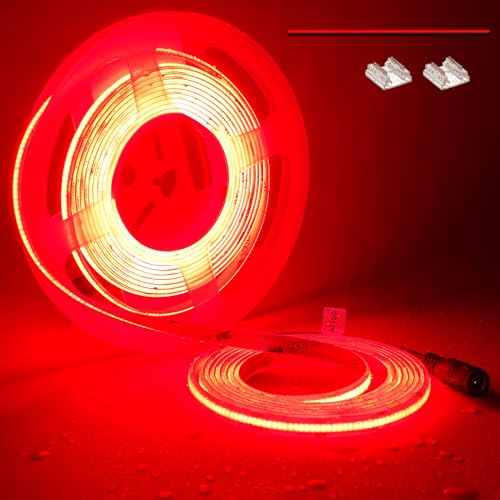 TOPAI 12V COB LED Strip Lights 5M Red IP65 Outdoor Waterproof Dotless Self Adhesive 480LEDs/M High Density Cuttable Flexible for Cabinet Home Car DIY Lighting Projects