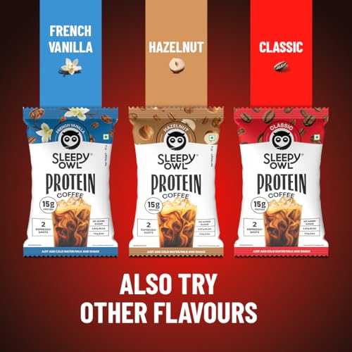 Image of Sleepy Owl Classic Protein Coffee Powder, 15g Whey Protein & 2 Shots Espresso per Sachet, Less than 97 Cal, No Added Sugar, Real Cold Coffee, Light & Easy to Digest, Pack of 5 Sachets (5N x 25g)