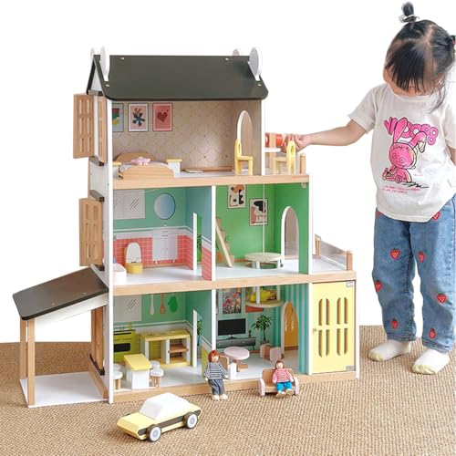 Casa De Muñecas De Madera Luminosa Casa De Muñecas Grande De 3 Pisos Juguete para Jugar A Las Casitas Escalera Mecánica De Elevación Maquetas De Casas