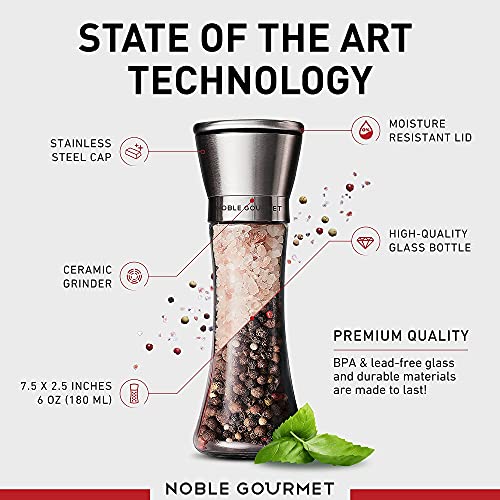 Salt & Pepper Grinder Set Of 2 - Refillable Mills & Shakers - For Pink Himalayan & Sea Salt, Black Peppercorn, Spices - Stainless Steel, Large Glass - Adjustable Ceramic Coarse - Premium Gift Box Pack #TOP1
