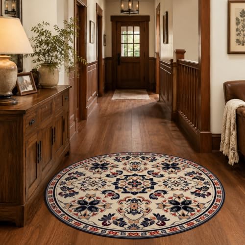 Tapis lavable rond géométrique 110 cm à poils courts pour commode - 2