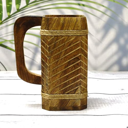 India House Tasse à bière en bois carrée indienne pour lui - Style viking 568 ml Tasse en bois - Tasse à bière en bois naturel - Cadeaux de mariage et...